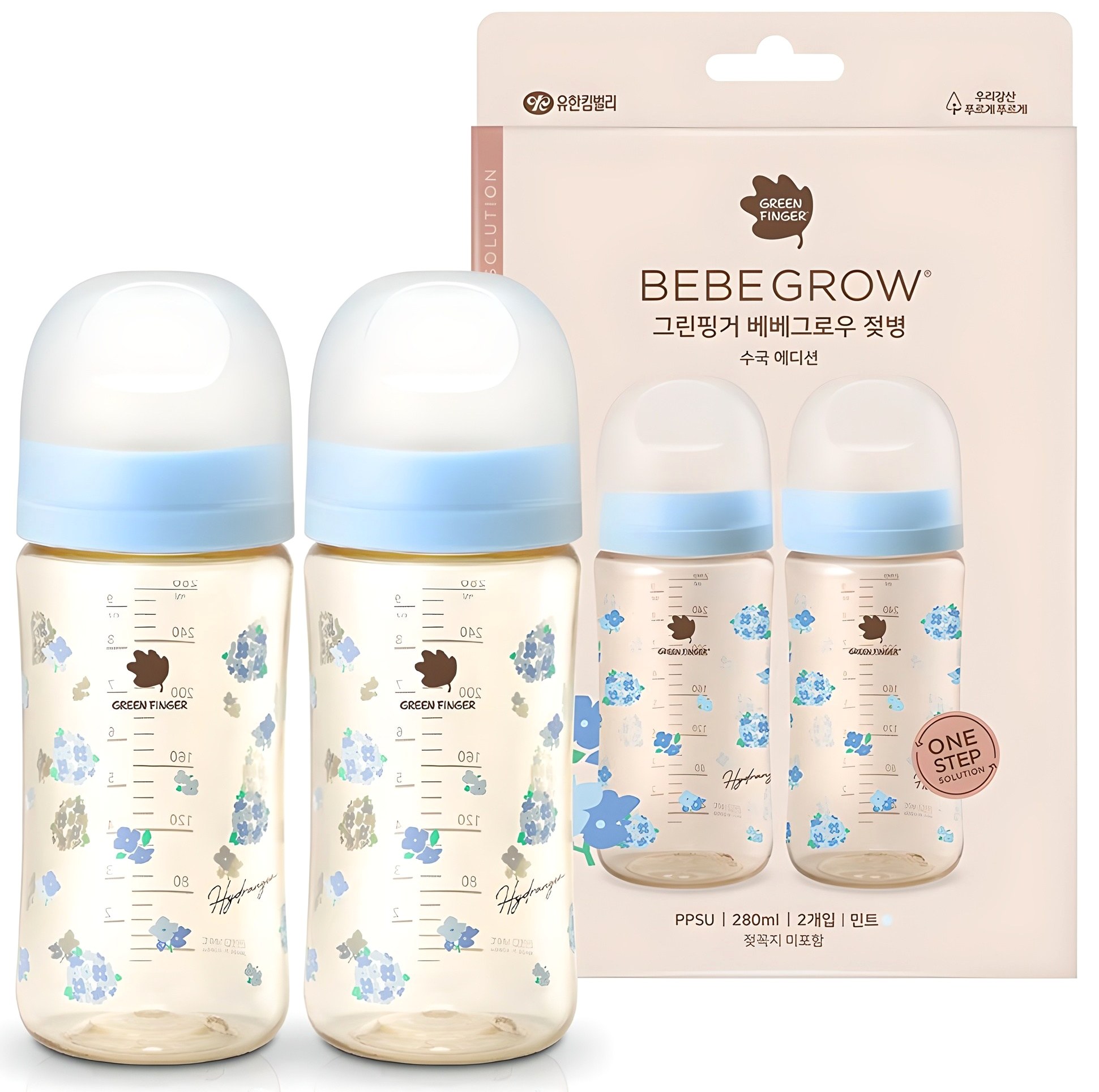 베베그로우 PPSU 노꼭지 디자인 젖병 트윈팩, 수국, 280ml, 1세트