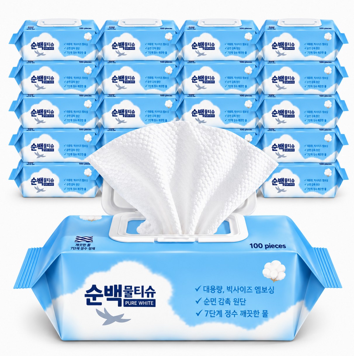 농협하나로마트 순백 물티슈 캡형 20팩, 40g, 100매입, 20개, 44411_20 다용도 순백 물티슈 캡형 100매 20 추천 이미지